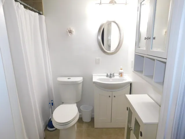a bathroom with a sink a toilet and a mirror