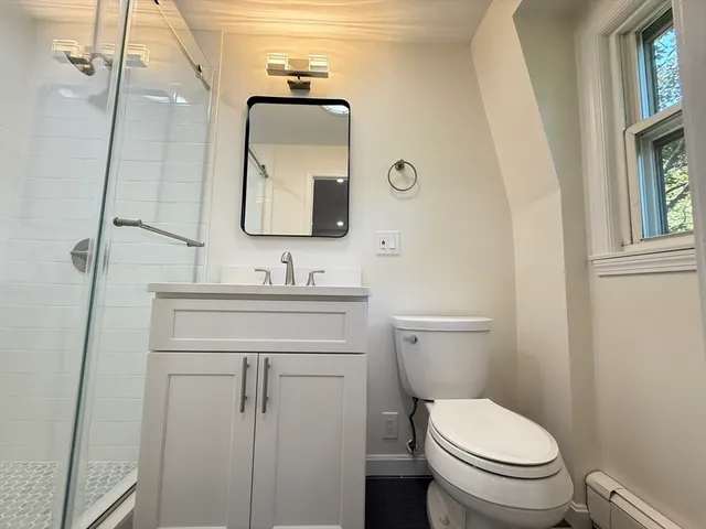 a bathroom with a toilet a sink a vanity and mirror