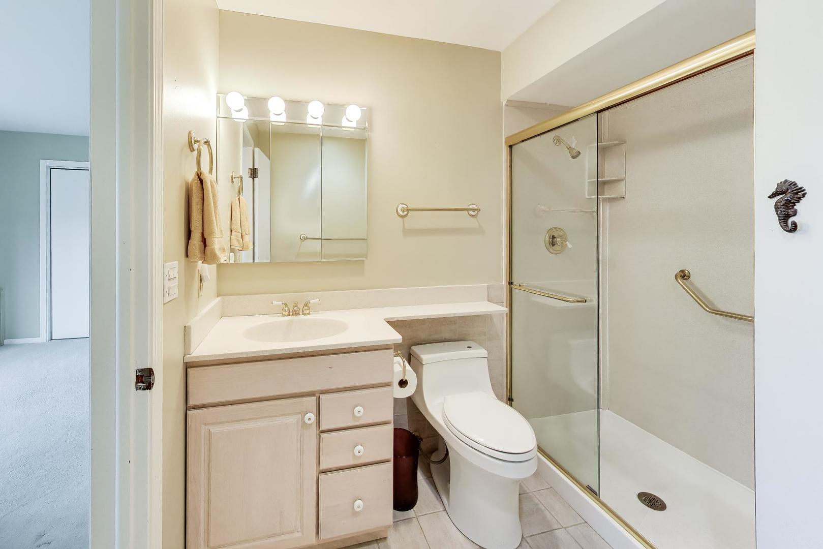 400 Ascot Drive, Unit 1M Park Ridge, IL 60068 - Photo 22 of 37 a bathroom with a shower sink vanity mirror and toilet