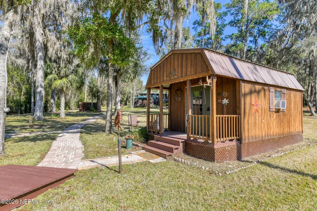 a view of a yard with palm trees
