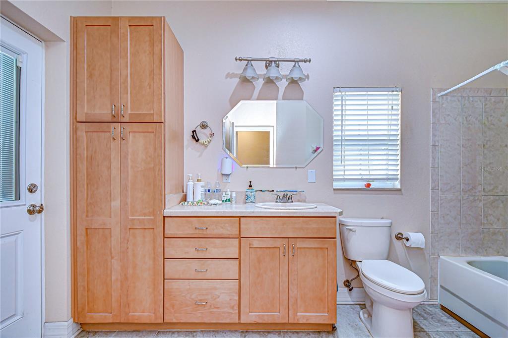 4036 Moores Lake Road Dover, FL 33527 - Photo 15 of 18 a bathroom with a toilet a sink a vanity a mirror and bathtub