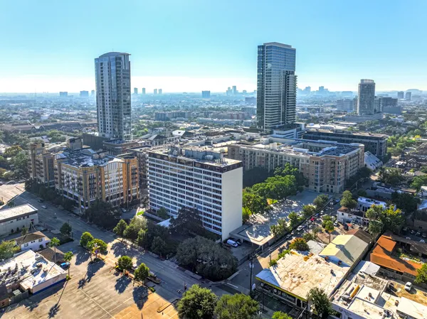 a city view with tall buildings