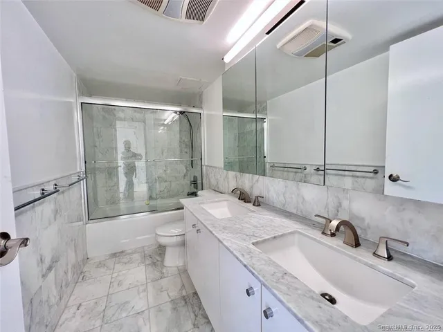 a bathroom with a granite countertop sink a toilet and shower