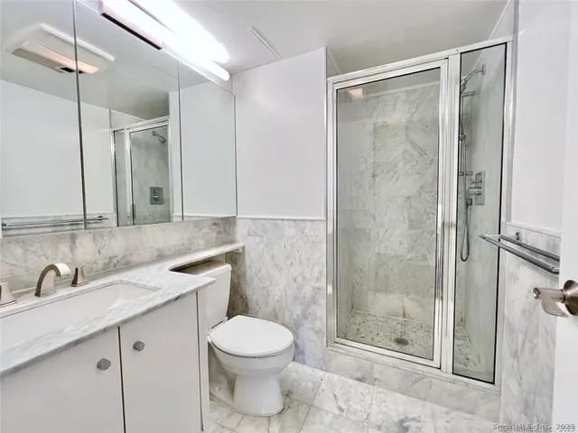 a bathroom with a shower sink vanity mirror and toilet