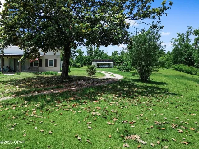 a backyard of a house with plants and wooden fence