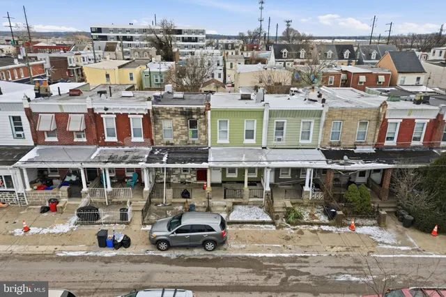 an aerial view of city with building