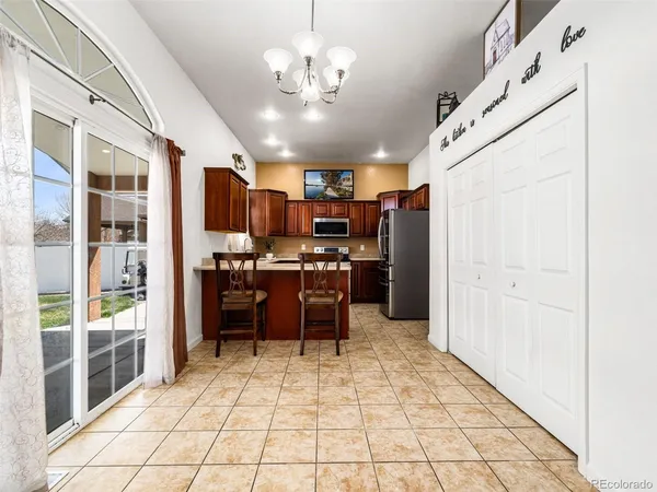 a view of a kitchen with furniture and a kitchen