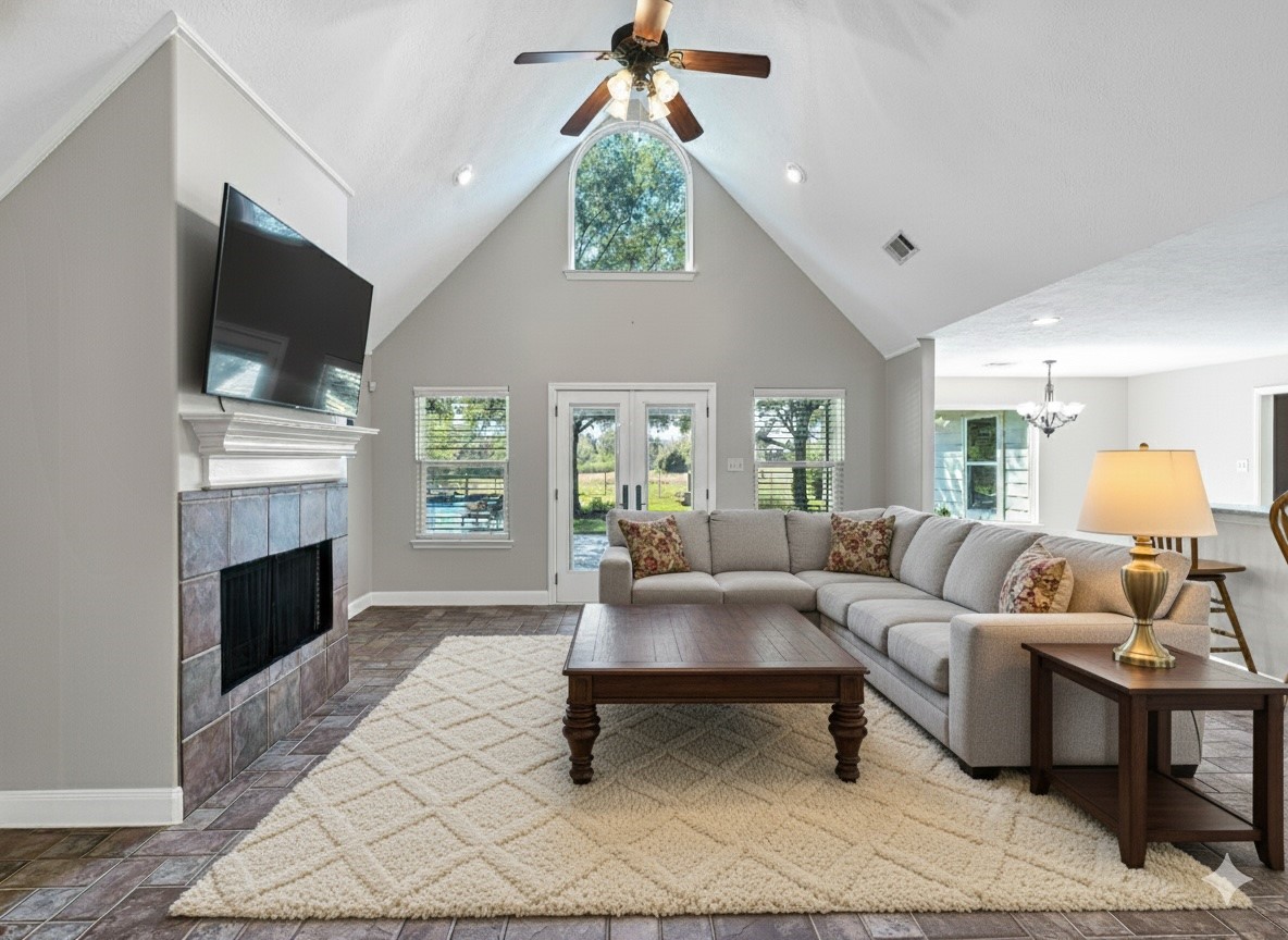 32601 Rogers Road Fulshear, TX 77441 - Photo 13 of 50 Cozy up by the fire and watch a movie in this inviting family room open to the kitchen and breakfast room. Virtually staged.