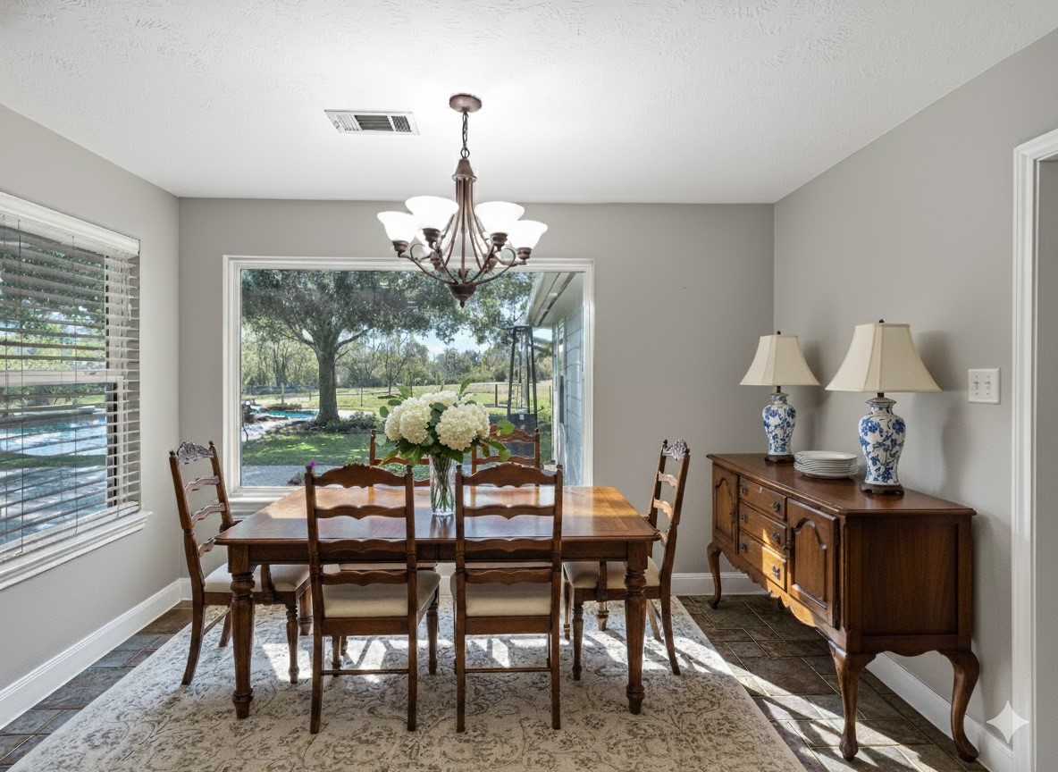 32601 Rogers Road Fulshear, TX 77441 - Photo 22 of 50 Picture yourself eating your breakfast every morning while enjoying the picturesque view of the pool and lush acreage. Doesn't get any better than this! Virtually staged.