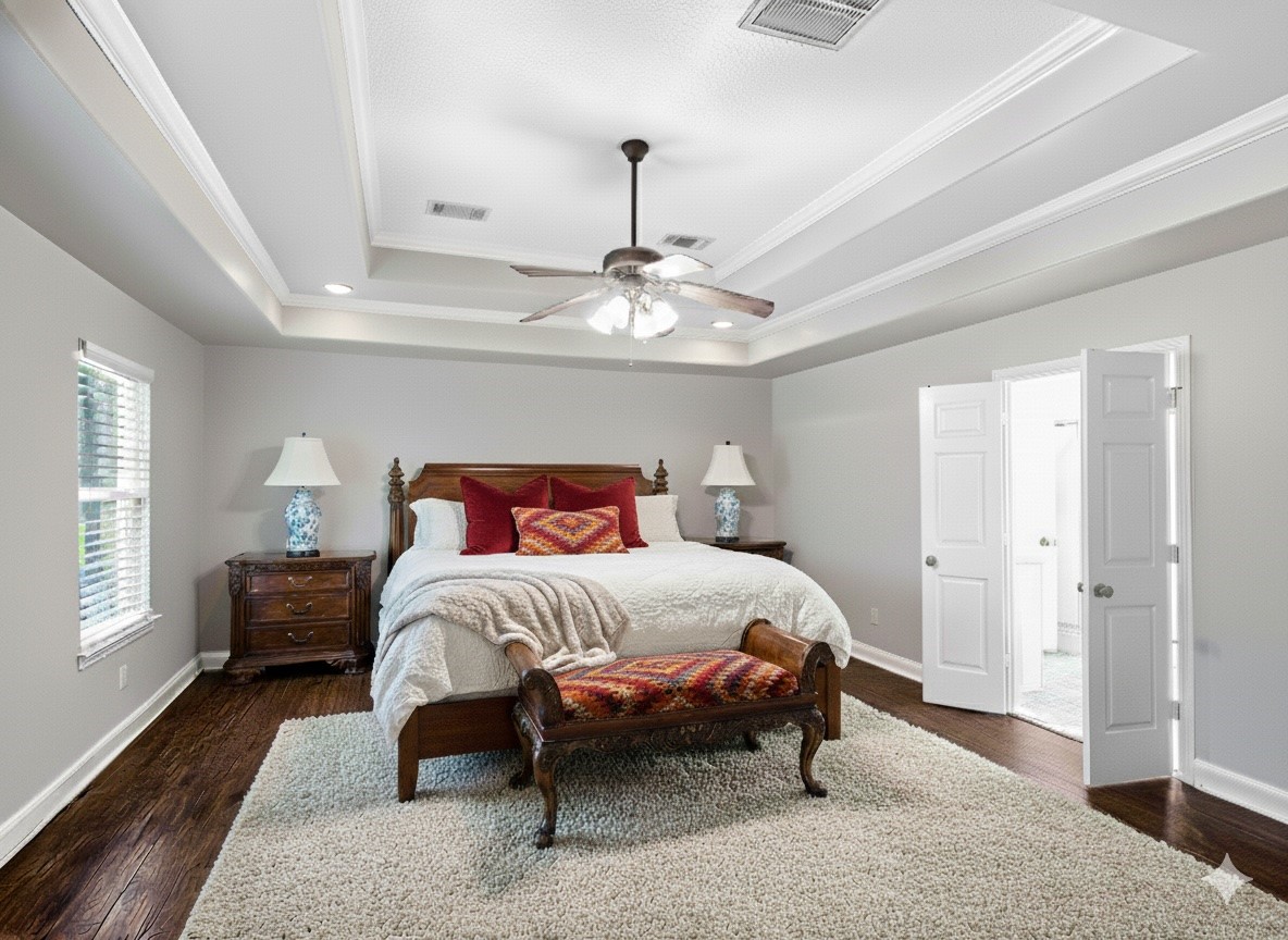 32601 Rogers Road Fulshear, TX 77441 - Photo 24 of 50 This primary bedroom is large enough to have a sitting area. Wake up to the beautiful view of the pool every morning! Virtually staged.