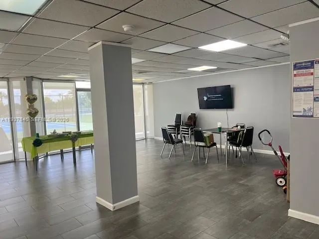 a view of a dining room with furniture