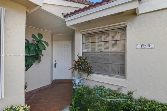 a potted plant in front of a door