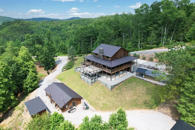 an aerial view of a house with a garden and swimming pool