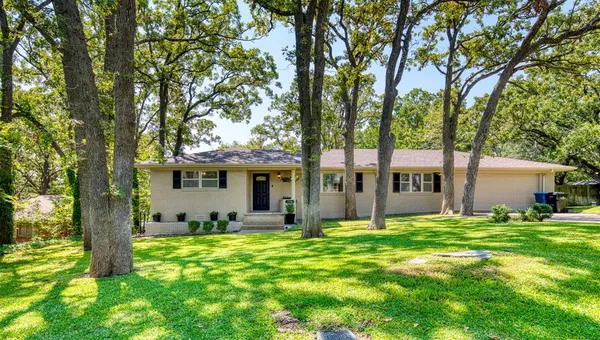 a view of a house with backyard and a tree
