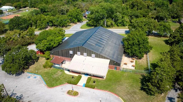 an outdoor space with seating area