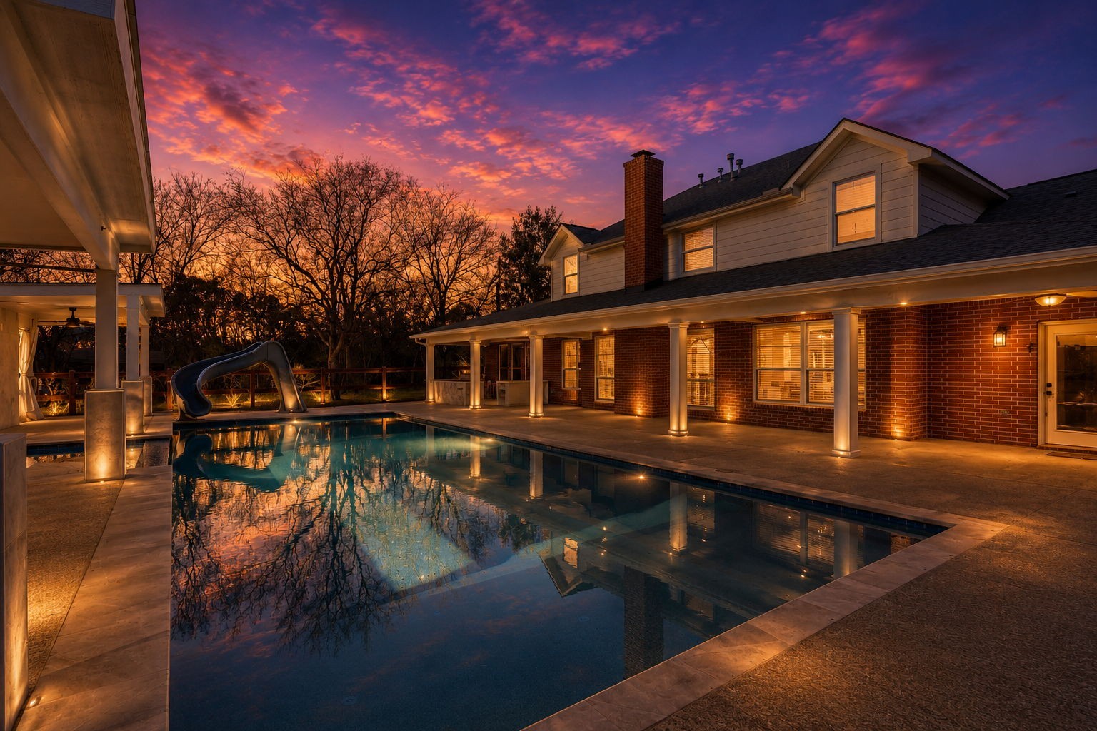 2730 Lawrence Road Kemah, TX 77565 - Photo 2 of 46 This stunning home features a spacious backyard with a beautifully lit pool and slide, perfect for evening relaxation. The brick exterior and expansive windows add charm, while the serene sunset backdrop enhances the inviting atmosphere.