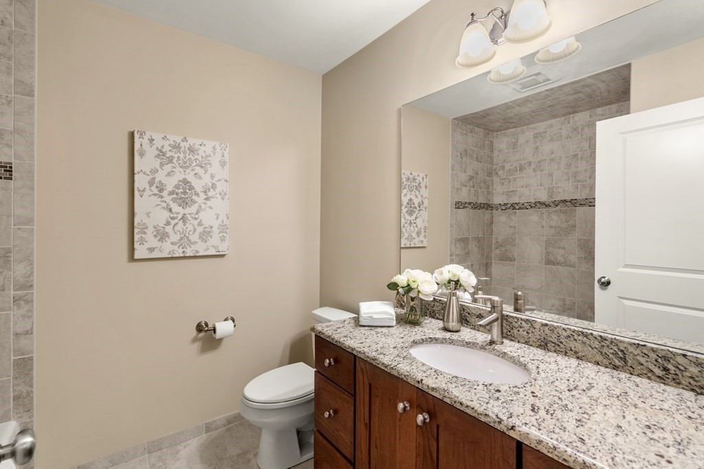 22 Myrtle Street Watertown, MA 02472 - Photo 17 of 18 a bathroom with a granite countertop sink and a mirror
