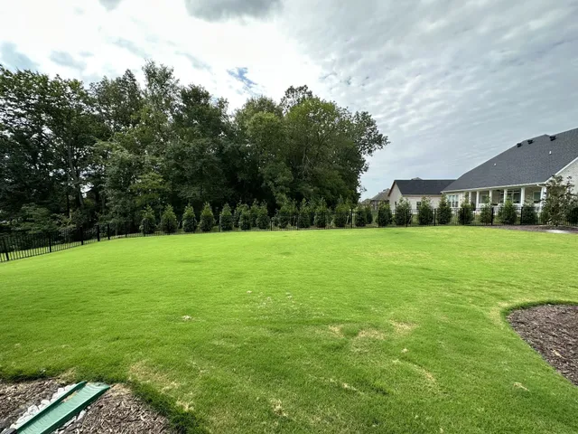 a view of a green field with wooden fence