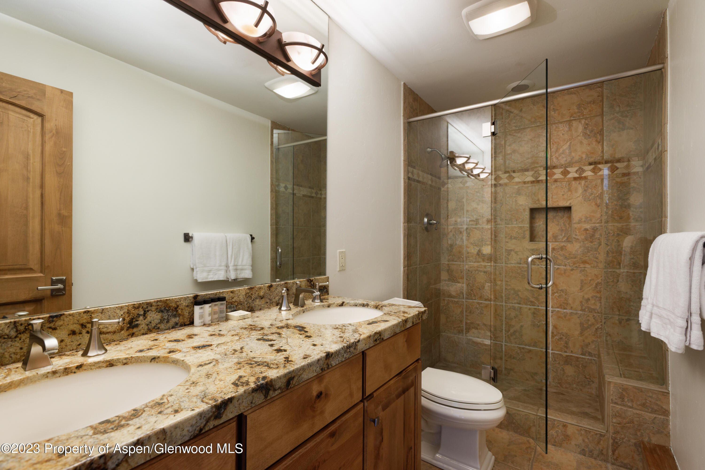 728 South Galena Street, Unit B201 Aspen, CO 81611 - Photo 11 of 18 a bathroom with a granite countertop sink toilet and shower