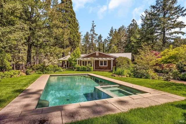 a view of a swimming pool with a yard
