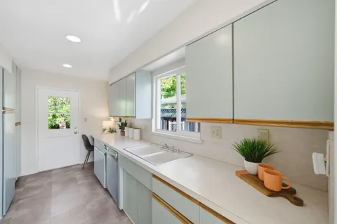 a kitchen with a potted plant on the counter