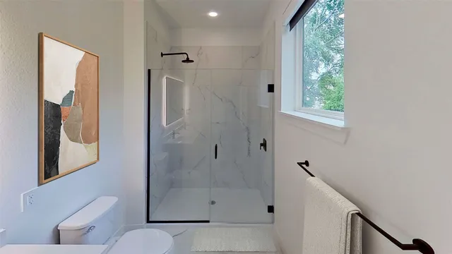 a bathroom with a shower and a toilet