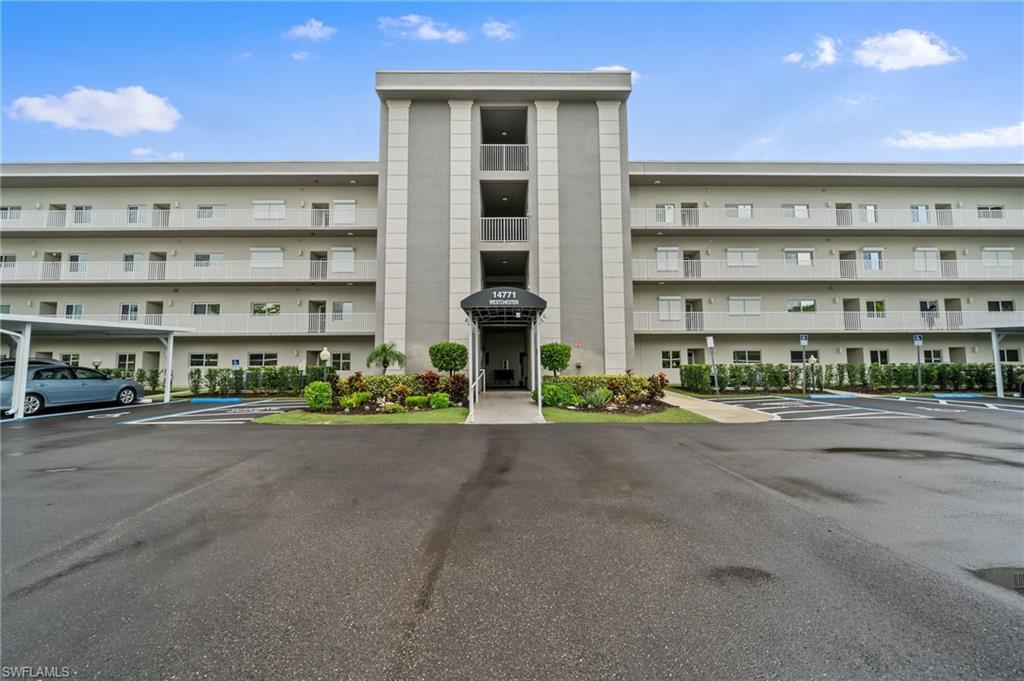 front view of a building with a street