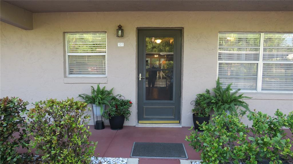 a view of front door and potted plants