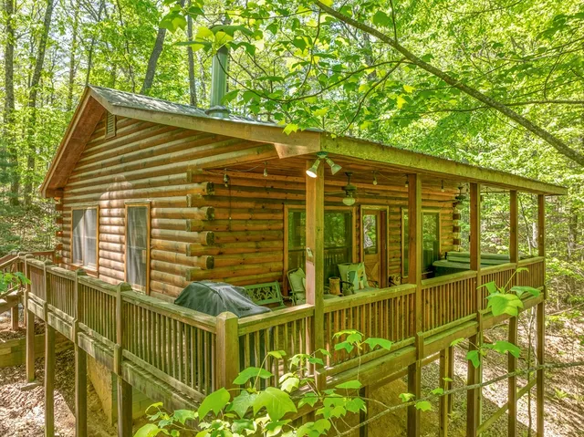 a view of a house with large windows and a small yard