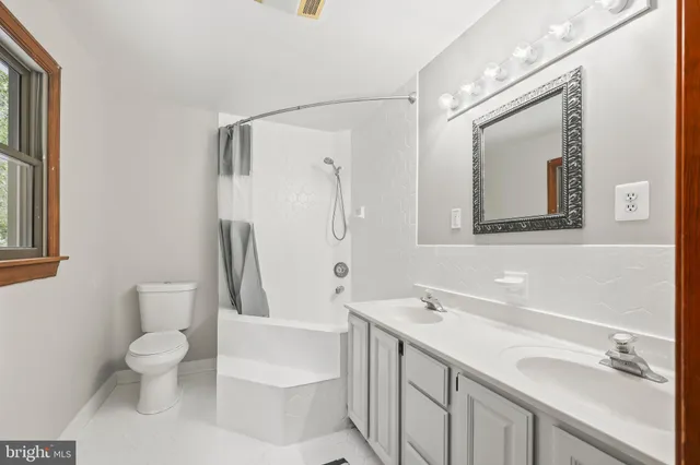 a bathroom with a double vanity sink toilet mirror and bathtub