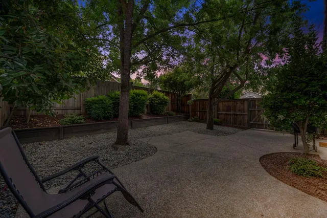 a view of a backyard with large trees and wooden fence