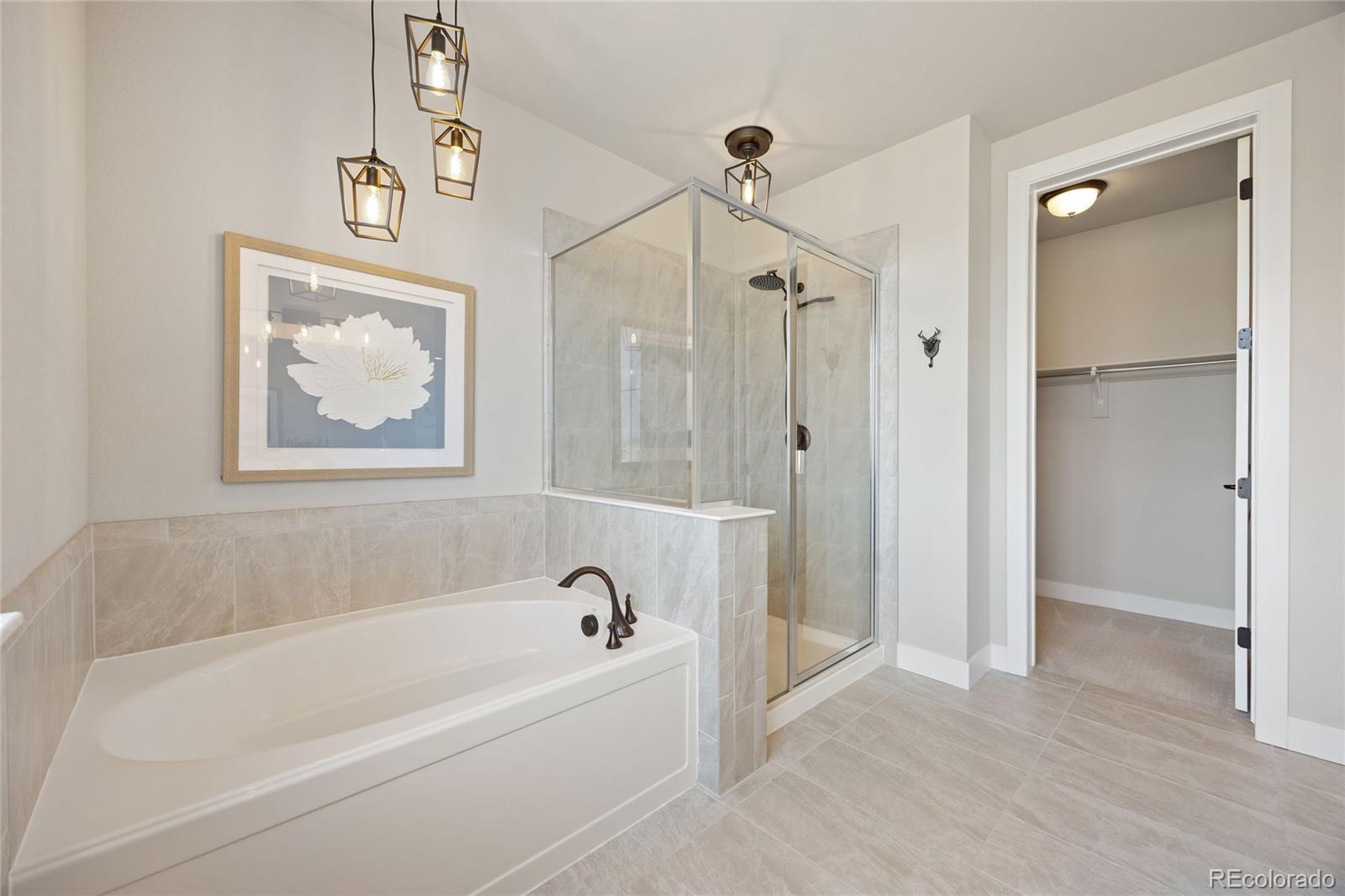 12649 Buffington Trail Parker, CO 80134 - Photo 22 of 47 a bathroom with a bathtub and a shower