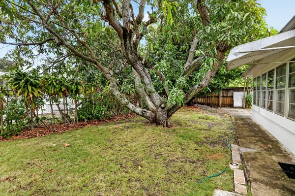 a backyard of a house with large trees and outdoor seating