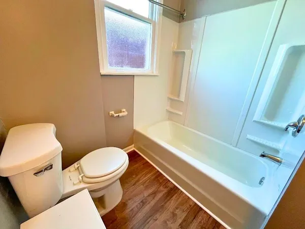 a bathroom with a toilet and a bathtub
