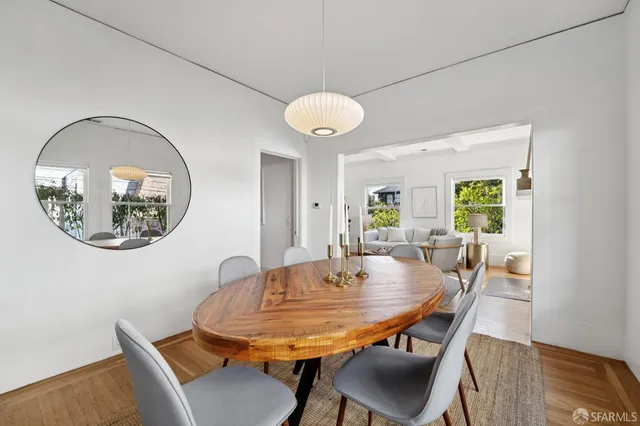 a view of a dining room with furniture window and wooden floor