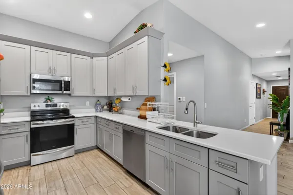 a kitchen with a sink a counter top space stainless steel appliances and a potted plant