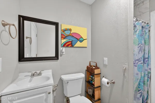 a bathroom with a sink mirror and toilet