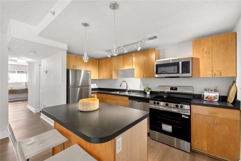 377 Ralph McGill Boulevard Northeast, Unit N Atlanta, GA 30312 - Photo 12 of 41 a kitchen with stainless steel appliances granite countertop a sink a stove top oven a counter space and cabinets