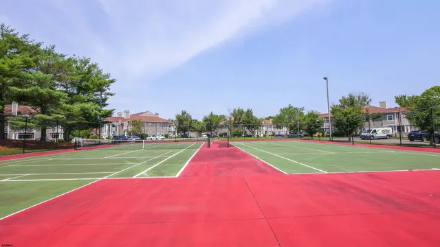 a view of a tennis ground with large trees