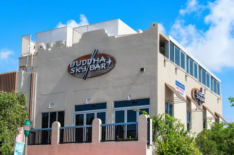 a view of a building with a palm tree