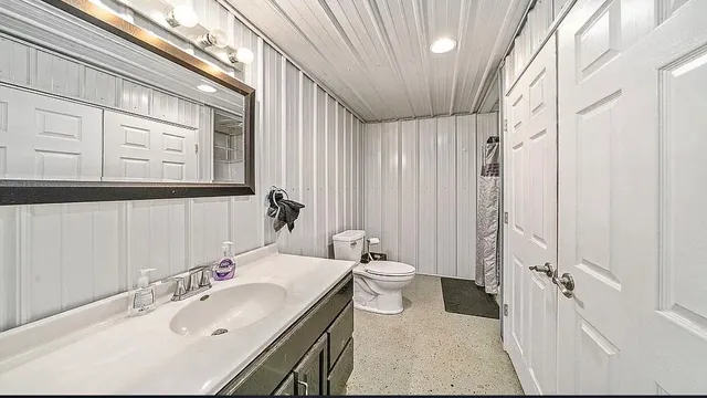 a bathroom with a sink a toilet and shower