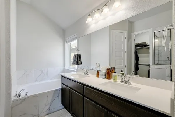 a bathroom with a bathtub double vanity sink and a mirror