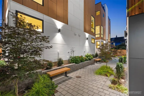 a street view with tall buildings