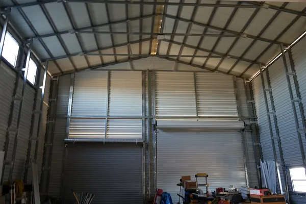 a water heater room with a yard