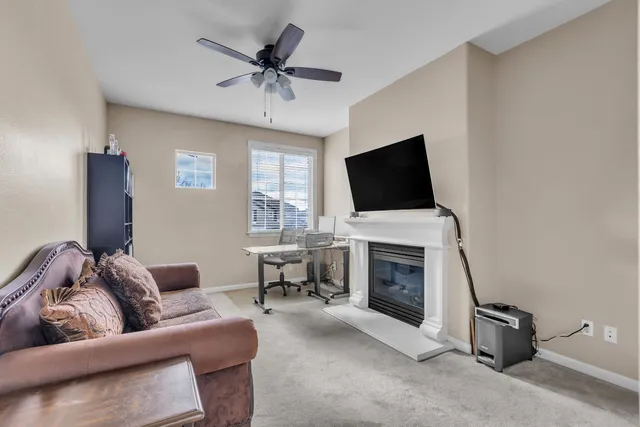 a living room with furniture a fireplace and a flat screen tv