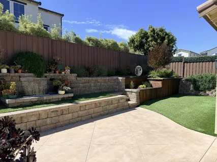 a garden view with a seating space