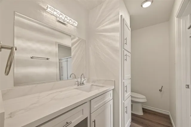 a bathroom with a granite countertop sink a toilet and a large mirror