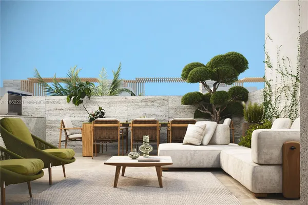 a building outdoor space with patio furniture