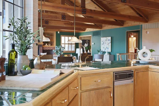 a view of a balcony with wooden floor