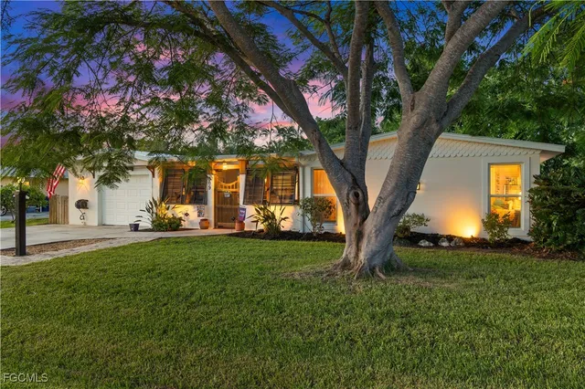 a view of a trees in front of a big yard